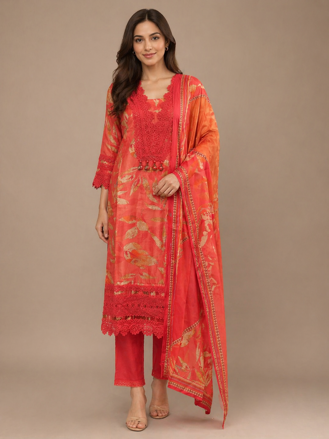 Coral Silk Kurta Set with Floral Prints & Lace Detailing Dupatta | Festive Wear